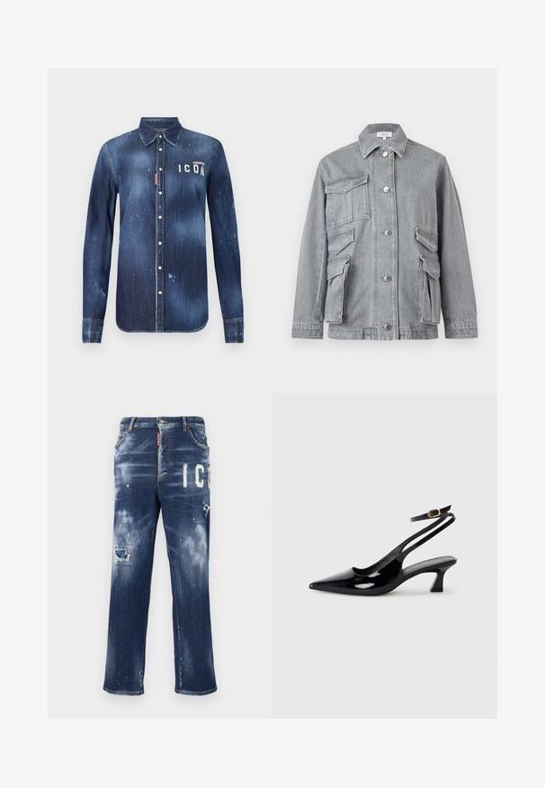 Grå denimjakke med flere klaplommer, knaplukning og en spids krave, vist mod en ensfarvet baggrund.; Denimskjorte i mørkeblå, med knap-ned design, bevaret slid, distressed detaljer og hvid "ICON" tekst på brystet.; Mørkeblå denimjeans med slidte lapper, lyse malingspletter og fed hvid tekst. Straight leg design med en klassisk pasform.; Sorte patenterede læderslingbacks med spidse tæer, lav blokhælt og justerbar ankelrem med guldspænde.