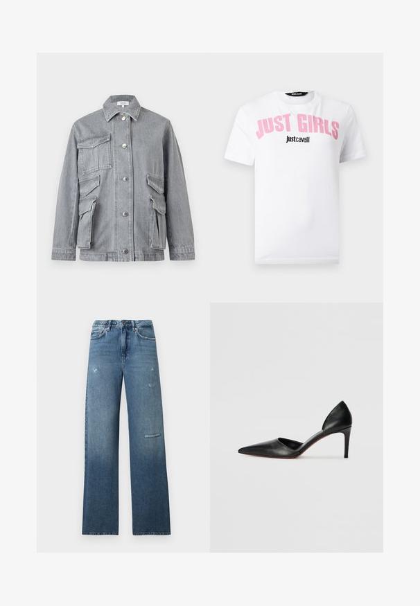 Grijze spijkerjack met meerdere klepzakken, knoopsluiting en een puntige kraag, afgebeeld tegen een effen achtergrond.; Witte T-shirt met korte mouwen met roze tekst "JUST GIRLS" en kleinere zwarte tekst "Just Cavalli" gecentreerd op de voorkant.; Blauwe spijkerbroeken van denim met een rechte pasvorm, verweerde details en een nette zoom. De stof heeft een licht vervaagde verloopachtige uitstraling.; Zwarte leren hoge hakken met een spitse neus, open zijkanten en een slanke uitstraling. Beschikt over een dunne hak en een rode zoolaccent.