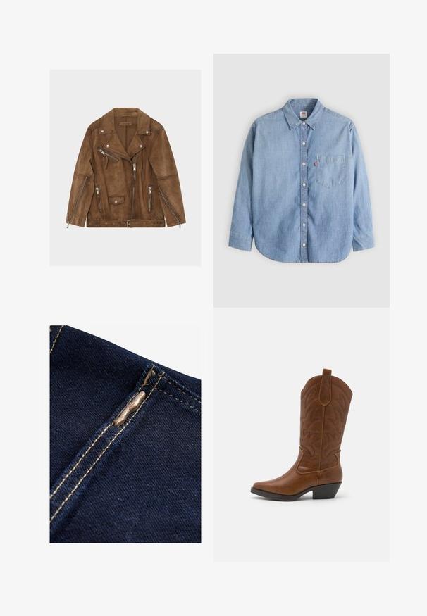 Chaqueta biker de ante marrón con múltiples cremalleras plateadas, botones a presión y cintura con cinturón, colocada plana sobre un fondo blanco.; Camisa de mezclilla azul claro con cuello abotonado, bolsillo delantero y mangas largas. Presenta un dobladillo curvado y una textura sutil.; Next REGULAR FIT - WIDE LEG - Vaqueros a campana - rinse blue; ONLY SHOES by Zalando ONLBRONCO - Botas camperas - brown