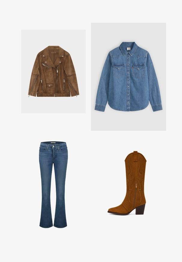 Braune Bikerjacke aus Veloursleder mit mehreren silbernen Reißverschlüssen, Druckknöpfen und einem Gürtel in der Taille, flach auf einem weißen Hintergrund liegend.; Langärmliges blaues Jeanshemd mit Knopfleiste, spitzem Kragen und zwei Brusttaschen mit Klappe auf hellem Hintergrund.; Blaue Jeans im Flared-Stil mit mittelhoher Taille, ausgestattet mit Ziernähten, zwei vorderen Taschen und einer hinteren Paspeltasche.; Brauner Wildleder-Westernstiefel bis zur Mitte der Wade mit perforierten Designs, seitlichem Reißverschluss, Zuglasche, spitzer Zehenpartie und gestapeltem Blockabsatz.
