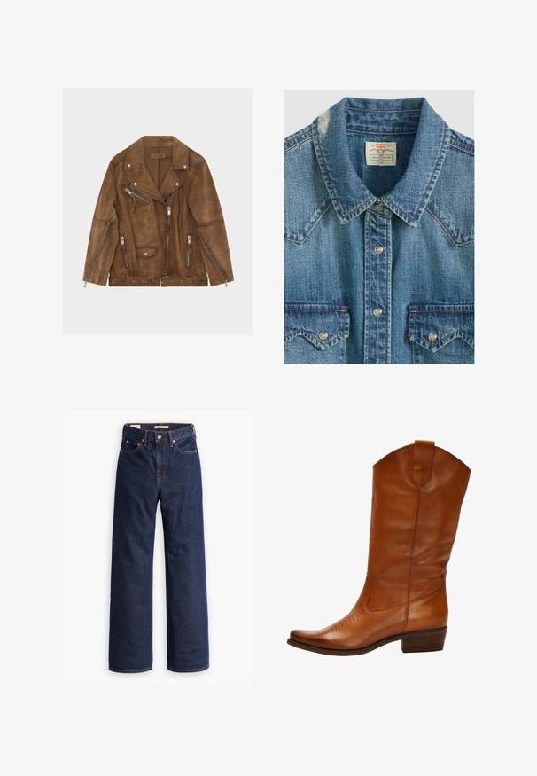 Braune Bikerjacke aus Veloursleder mit mehreren silbernen Reißverschlüssen, Druckknöpfen und einem Gürtel in der Taille, flach auf einem weißen Hintergrund liegend.; Blaues Denim Levi's Westernhemd mit Druckknöpfen, spitzem Kragen, Brusttaschen und einem Etikett mit Größe Small und Markenzeichen.; Dunkelblaue gerade geschnittene Denim-Jeans mit fünf Taschen, orangefarbenen Nähten und einem Knopfverschluss.; Braune Leder-Cowboy-Stiefel mit spitzem Zehenbereich, dekorativer Stickerei auf dem Vorderblatt und niedrigem, gestapeltem Absatz. Mit einem Zugriemen oben.