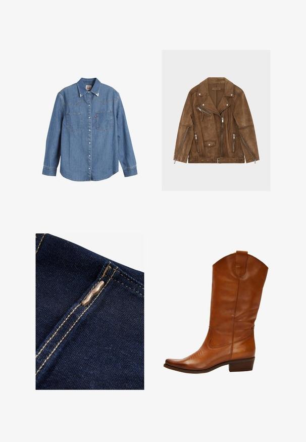 Braune Bikerjacke aus Veloursleder mit mehreren silbernen Reißverschlüssen, Druckknöpfen und einem Gürtel in der Taille, flach auf einem weißen Hintergrund liegend.; Hellblaues Denim-Hemd mit langen Ärmeln, spitzem Kragen, zwei Brusttaschen und kontrastierenden Nähten. Verfügt über ein Design mit Westernstil-Yoke.; Next REGULAR FIT - WIDE LEG - Flared Jeans - rinse blue; Braune Leder-Cowboy-Stiefel mit spitzem Zehenbereich, dekorativer Stickerei auf dem Vorderblatt und niedrigem, gestapeltem Absatz. Mit einem Zugriemen oben.