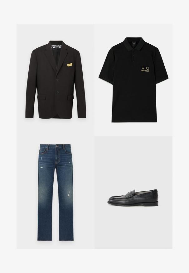 Schwarzer, maßgeschneiderter Blazer mit zwei vorderen Knöpfen, Klappentaschen und einem goldenen "Versace Jeans Couture"-Aufnäher auf der Brusttasche.; Schwarzes Polohemd aus Baumwolle, mit einer Knopfleiste mit drei Knöpfen und einem goldenen, gestickten Logo auf der linken Brust. Kurzarm, klassische Passform.; Blaue Jeans aus Denim mit geradem Schnitt, leichter Abnutzung und Verblassung, fünf Taschen und Knopfverschluss an der Taille.; Schwarze Lederloafers mit glatter Oberfläche, abgerundeter Spitze, dekorativem Riemen und minimalistischer Gestaltung. Verfügt über einen niedrigen Blockabsatz.