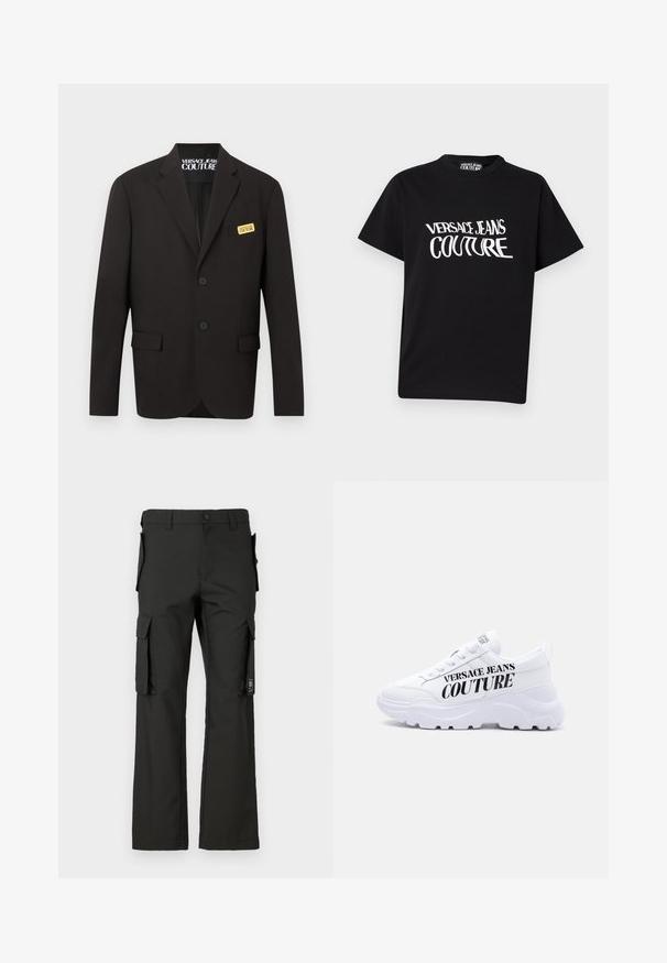 Zwarte op maat gemaakte blazer met twee knopen aan de voorkant, klepzakken en een gouden "Versace Jeans Couture" label op het borstzakje.; Zwart T-shirt met korte mouwen, bedrukt met witte vervormde tekst "Versace Jeans Couture" op de voorkant, ronde hals en reguliere pasvorm.; Zwarte cargobroek met een recht silhouet, voorzien van meerdere zijzakken en een knoopsluiting. Gemaakt van duurzaam materiaal met een soepele textuur.; Witte chunky sneaker met dikke zool, veterdesign en "Versace Jeans Couture" in dikke zwarte letters aan de zijkant gedrukt.