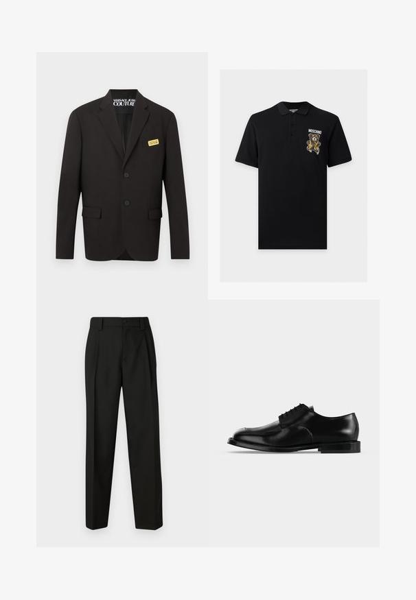Blazer negro a medida con dos botones delanteros, bolsillos con solapa y una etiqueta dorada "Versace Jeans Couture" en el bolsillo del pecho.; Polo negro de manga corta con una tapeta de tres botones, con un gráfico de un oso de peluche y texto "Moschino" en el pecho izquierdo.; Pantalones negros de corte entallado hechos de una tela suave. Con pierna recta, cierre de botón único y trabillas para el cinturón. Sin patrones o acentos visibles.; Zapato de vestir para hombre de cuero negro con cordones, acabado liso y tacón bajo, mostrado de perfil sobre un fondo claro y uniforme.