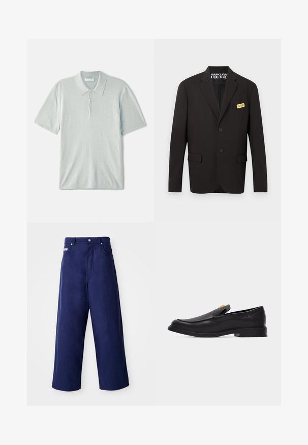 Musta räätälöity bleiseri, jossa on kaksi edessä olevaa nappia, läppätaskut ja kulta "Versace Jeans Couture" -merkki rintataskussa.; Vaaleansininen пуcreasepóulshirts, joka on valmistettu pehmeästä kankaasta ja siinä on klassinen kaulus, kolmonnapainike ja lyhyet hihat. Minimalistinen muotoilu.; Väljada lahked püksid tumesinisest pehmest kangast. Omab nupuluku ja eespool taskuid, ning on puhta viimistlusega, ilma nähtavate mustriteta.; Musta nahkainen senza-seriffejä oleva loafer, pyöreä kärki, matala korko ja kullanvärinen yksityiskohta päällisosassa valkoista taustaa vasten.