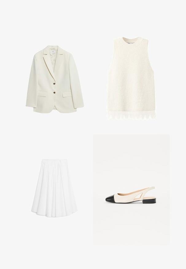 Crème blazer van soepel materiaal, met een reverskraag, twee knoopsluitingen en twee voorkeizen. Minimalistisch ontwerp, getailleerde vorm.; Mouwloos wit gebreid sweater-vest met een geribbelde structuur en een delicate kanten rand aan de zoom.; Witte A-lijn rok met plooien die vanaf een brede tailleband naar beneden lopen, kniehoog, gemaakt van gladde stof.; Slingback schoen met een crèmekleurige bovenkant en een zwarte glanzende neus. Voorzien van een lage blokhak en uitsnijdingen aan de zijkanten.
