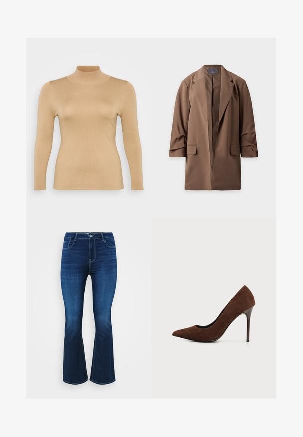 Blazer long marron avec col à revers et poches avant à rabat, présenté à plat sur fond blanc.; Haut en beige à col roulé, à manches longues, avec une texture côtelée, une coupe ajustée et un col haut. Matériau lisse sans embellissements visibles.; Jean évasé bleu foncé en denim, avec un design à cinq poches, une fermeture éclair avec un bouton, et une couture contrastante le long des coutures.; Escarpin en daim marron à talon haut et bout pointu avec un talon aiguille étroit et élégant sur un fond clair uni.