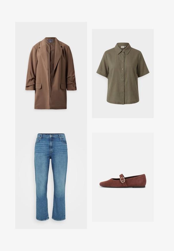Brun lang blazer med reverskrave og forlommer med klap, vist fladt mod en hvid baggrund.; Kortærmet olivengrøn skjorte med knapper og spids krave, vist på en ensfarvet lys grå baggrund.; Lysblå denimjeans med lige ben design, der har fem lommer, bæltestropper og subtil falming foran.; Brun ruskind Mary Jane-flad sko med en guldspænde og sort sål på hvid baggrund.