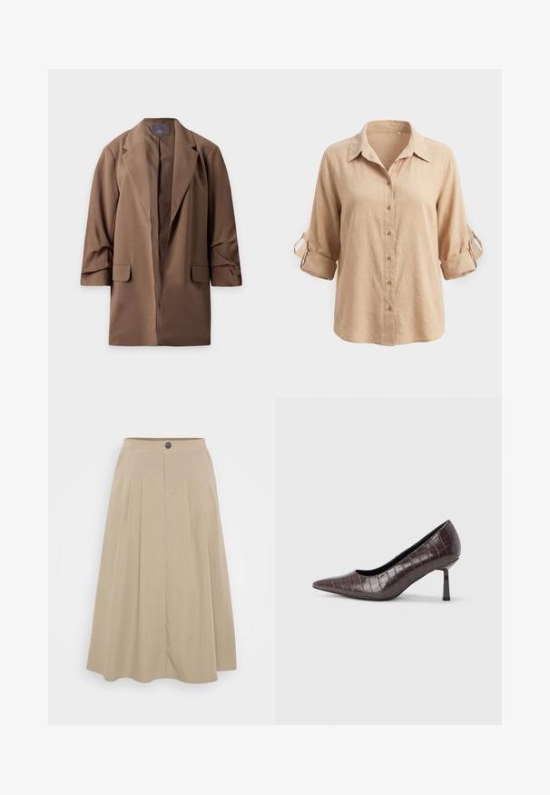 Brun lang blazer med reverskrave og forlommer med klap, vist fladt mod en hvid baggrund.; Beige langærmet skjorte med knapper, med op-rullede ærmer, som holdes på plads med knapstropper og en klassisk krave, vist på en ensfarvet baggrund.; Beige plisseret nederdel lavet af blødt stof, med en tætsiddende talje med knaplukning og en svævende A-formet silhuet.; Brune kunstlæder stiletter med spidse tæer og krokodilletekstur, der har en slank, vinklet hæl og en glat inderside.