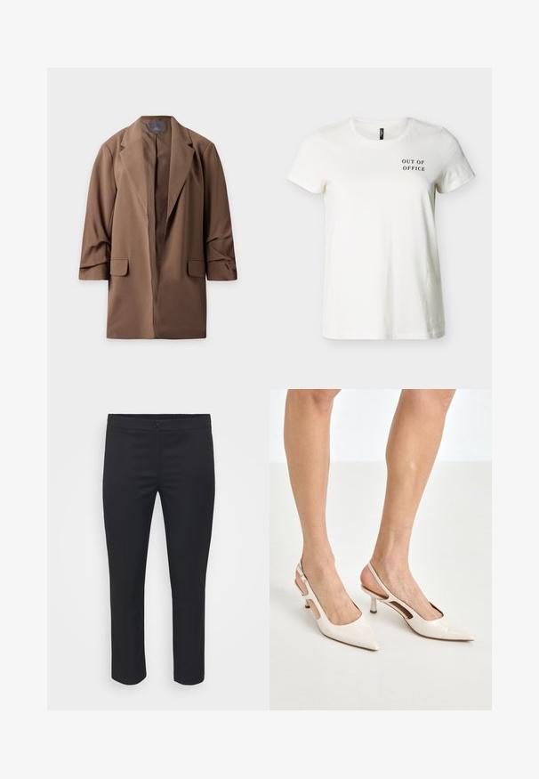 Brauner langer Blazer mit Reverskragen und vorderen Pattentaschen, flach auf weißem Hintergrund dargestellt.; Weißes T-Shirt mit kurzen Ärmeln und Rundhalsausschnitt, mit schwarzem Text "OUT OF OFFICE" auf der oberen linken Brustseite.; Schwarze, taillierte Hosen mit glatter Textur, mittlerer Taille und knöchellanger Länge. Mit einem Frontknopfverschluss und klaren Linien.; Beige Lackleder Slingback-Absätze mit spitzem Fuß und 5 cm Absatz, mit ausgeschnittenen Seiten und einem schmalen Knöchelriemen.