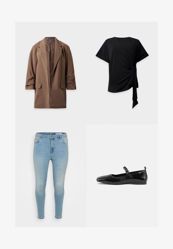 Brun lang blazer med reverskrave og forlommer med klap, vist fladt mod en hvid baggrund.; Sort top med korte ærmer, rund halsudskæring og knude i siden, der skaber samlet stof og et hængende bindebånd på en lys baggrund.; Lyseblå denimbukser med slim fit, der har en mellemhøj talje, klassisk fem-lomme design og subtile slidte detaljer på fronten.; Sorte patentlæder flade sko med spidse tæer, en ankelrem med spænde og en glat, blank tekstur. Lav hæl for komfort.
