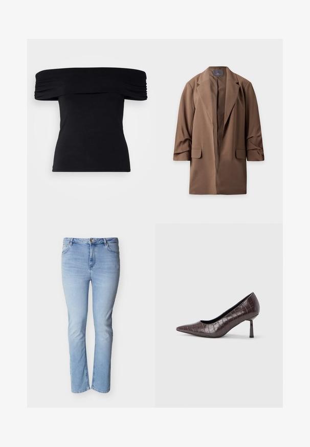 Brun lang blazer med reverskrave og forlommer med klap, vist fladt mod en hvid baggrund.; Sort off-shoulder top lavet af blødt stof. Har draperede detaljer langs ærmerne og en tætsiddende silhuet.; Lyseblå denimjeans med lige pasform, fem-lommer design, lynlås og knaplukning.; Brune kunstlæder stiletter med spidse tæer og krokodilletekstur, der har en slank, vinklet hæl og en glat inderside.