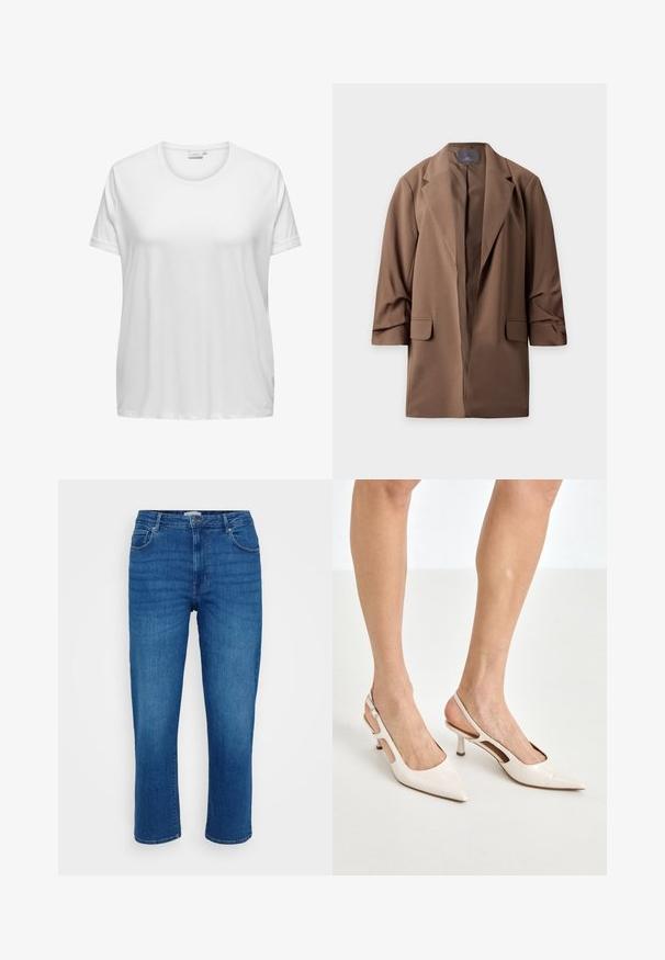 Brun lang blazer med reverskrave og forlommer med klap, vist fladt mod en hvid baggrund.; Hvid bomulds t-shirt med rund halsudskæring og korte ærmer. Løs pasform med en glat tekstur og ingen synlige mønstre eller detaljer.; Blå denim jeans med ret ben-designer, fem-lomme stil og en klassisk knap- og lynlås lukning, med subtile slidmærker på fronten.; Beige patenterede læder slingback hæle med spids tå og 5 cm hæl, med udskårne sider og en tynd ankelrem.