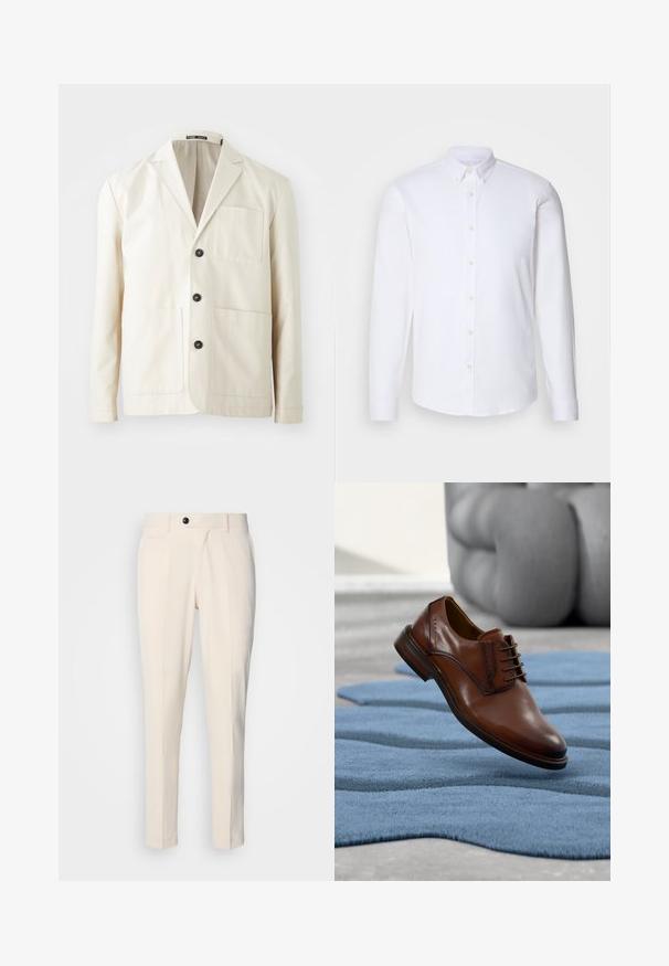 Veste en coton beige avec un col cranté, trois boutons noirs et deux poches avant. Elle dispose d'une poche poitrine et de manches longues.; Chemise blanche à manches longues avec boutons, fabriquée dans un tissu lisse, dotée d'un col classique, de huit boutons sur le devant et de poignets standards.; Pantalons beiges ajustés avec une taille plate, fermeture à un bouton et deux poches latérales angulaires. Tissu lisse avec une coupe slim et une jambe fuselée.; Chaussure habillée en cuir marron avec lacets posée sur un tapis bleu texturé, avec un canapé gris flou en arrière-plan.