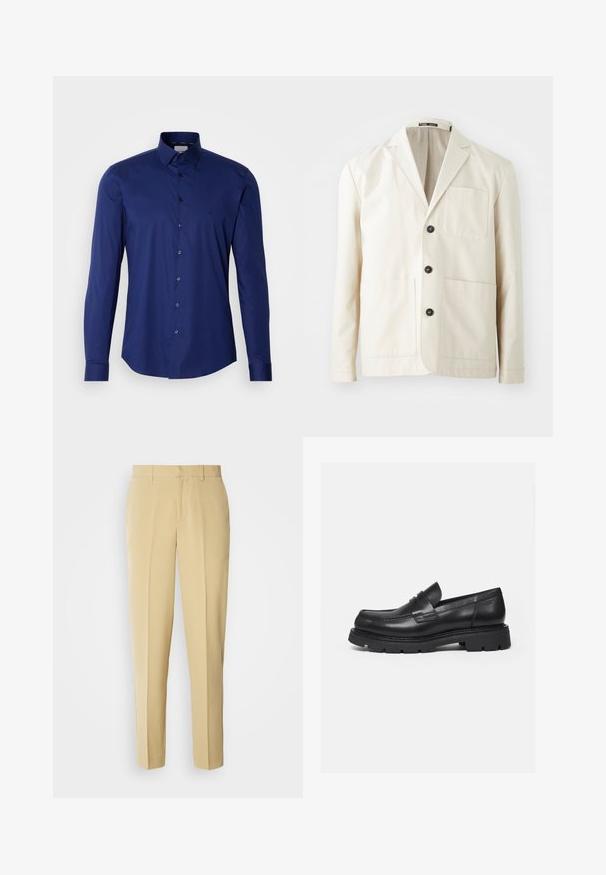 Chaqueta de algodón beige con solapa de pico, tres botones negros y dos bolsillos delanteros. Presenta un bolsillo en el pecho y mangas largas.; Camisa de manga larga azul marino hecha de algodón suave, con una botonera y un collar estructurado, con un sutil logo cerca del pecho.; Pantalones beige a medida con corte recto, frente plano y bolsillos laterales. Fabricados con una tela suave con un ligero brillo.; Mocasín negro de cuero con suela gruesa y acanalada y detalle de tira para moneda, mostrado en perfil lateral derecho sobre fondo blanco.