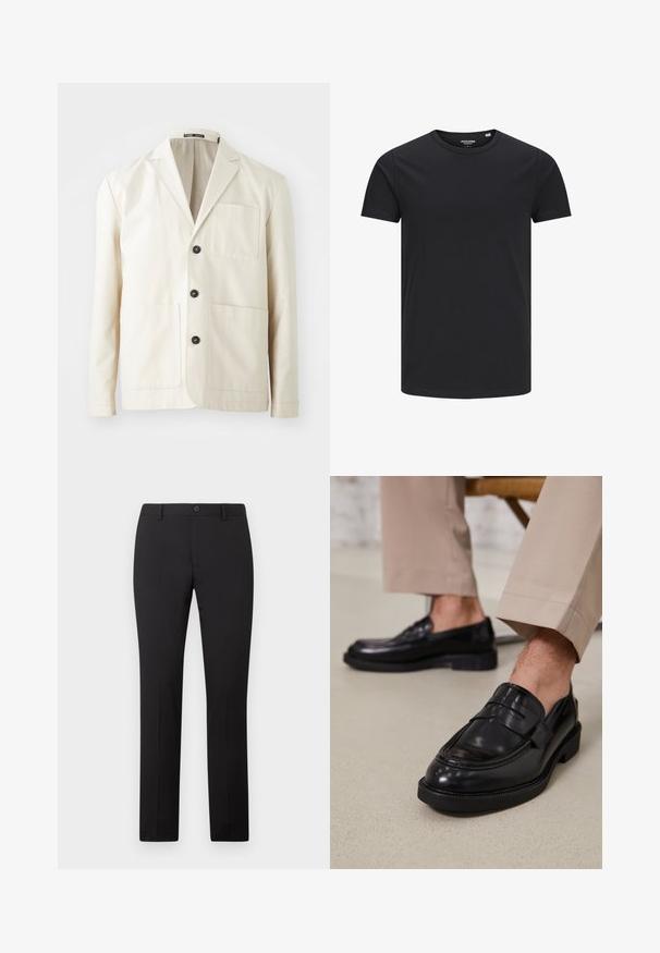 Beige bomuldsjakke med spidse lapeller, tre sorte knapper og to frontlommer. Har en enkelt brystlomme og lange ærmer.; Sort bomulds T-shirt med rund hals, korte ærmer og et enkelt design. Glat tekstur, ingen mønstre eller synligt tilbehør.; Sorte skræddersyede bukser med lige ben, som har knaplukning og bæltestropper. Fremstillet i glat stof uden synlige mønstre.; Sorte lædermokkasiner med en glat overflade, der har en dekorativ rem og kontraststing, parret med beige bukser.