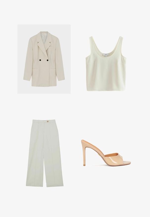 Blazer crema de doble botonadura con botones negros, solapas con muesca, dos bolsillos delanteros y un bolsillo en el pecho, mostrado plano sobre fondo blanco.; Top corto sin mangas de color crema con tirantes anchos y escote redondo, hecho de tela suave.; Pantalones de pierna ancha en color crema claro, con cierre de botones, pliegues frontales y bolsillos laterales, confeccionados en una tela suave.; Mule de charol beige de tacón alto con punta abierta, diseño de tira curvada y tacón de aguja, que presenta un sutil detalle en dorado.