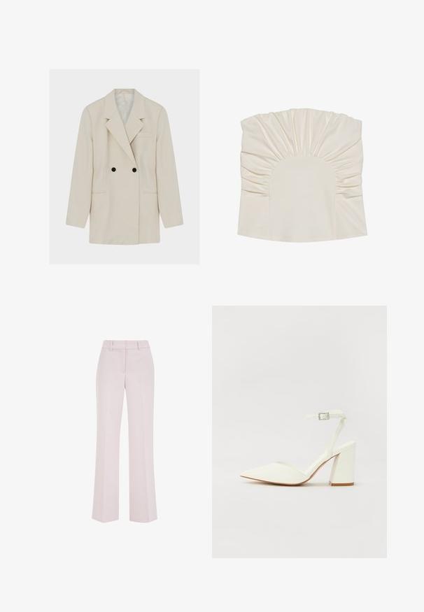 Blazer crème à double boutonnage avec boutons noirs, revers à crans, deux poches avant et une poche poitrine, présenté à plat sur fond blanc.; Haut couleur crème avec tissu froncé, présentant un décolleté arrondi et une texture lisse. Le design comprend des plis le long des bords.; Pantalon rose pâle à jambes droites avec passants de ceinture et détails de couture avant, présenté sur un fond blanc.; Sandale blanche à talon avec un bout pointu, sangle de cheville réglable et un talon carré épais. Texture lisse avec des détails de couture minimaux.