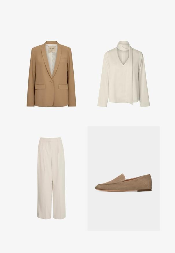 Tan blazer lavet af glat stof, med klippet revers, enkelt knaplukning, to forlommer og en diskret logoaccent.; Langærmet bluse i flødehvid med V-hals og tilhørende tørredetalje rundt om halsen, vist på en hvid baggrund.; Højtaljede cremede bukser med brede ben og pressefolder, lavet af glat stof, med et rent design og skræddersyet pasform.; Lysebrun ruskinds loafers med glid-på model, flad sål og minimal syningsdetalje, vist i profil mod en ensfarvet baggrund.