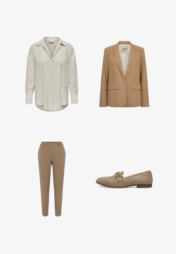 Tan blazer lavet af glat stof, med klippet revers, enkelt knaplukning, to forlommer og en diskret logoaccent.; Lys beige skjorte med knapper og krave, lange ærmer og et let struktureret stof. Har en buet kant og knapper foran.; Brune skræddersyede bukser med lige ben, glat tekstur, forlommer og en talje med bæltestropper.; Beige læder loafers med en lav hæl, der har et dekorativt bånd med metalliske detaljer og en glat tekstur. Klassisk, slip-on design.