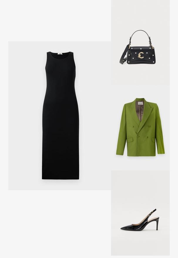 CLOSED FITTED DOUBLE BREASTED - Blazer - pistachio green; Ärmeloses schwarzes Maxikleid mit rundem Ausschnitt und figurbetonter Silhouette, auf einem schlichten hellen Hintergrund präsentiert.; Schwarz lackierte Slingback-Pumps mit spitzem Zehenbereich, schlankem Absatz und einem subtilen Ausschnittdesign. Verfügt über eine goldene Schnalle am Riemen.; Schwarze Lederhandtasche mit goldfarbenem "C"-Verschluss, Perlenverzierungen, oberen Griff und verstellbarem Schulterriemen auf weißem Hintergrund.