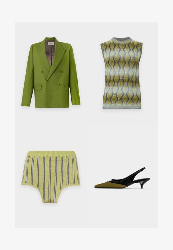 CLOSED FITTED DOUBLE BREASTED - Bleiser - pistachio green; Varrukateta kootud top kõrge kraega, rohelise ja sinise gradiendiga, millel on vertikaalne laineline triibumuster ja soonilised ääred.; Kollased ribatud aluspesu sädelevate kuldsete lõngadega ja vertikaalsete siniste ja pruunide triipudega. Omab laia elastset vöökohta ja siledat tekstuuri.; Kitten kontsaga kingad musta läikiva ja oliivrohelise naha ning väikese pandlaga rihmaga ja madala kontsaga.