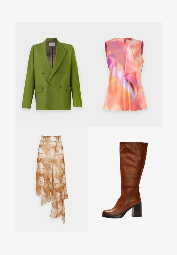 CLOSED FITTED DOUBLE BREASTED - Blazer - pistachio green; Ærmeløs top i satinmateriale, der præsenterer et farverigt abstrakt mønster med nuancer af pink, orange og violet, samt en draperet frontdesign.; Ioannes SHAWL SKIRT - A-snit nederdel - sprayed lace ochre; Brune læder knæhøje støvler med rund tå, chunky sort hæl og subtile syninger foran og bagpå.