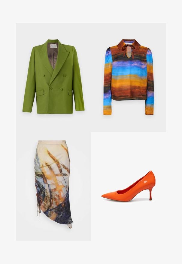CLOSED FITTED DOUBLE BREASTED - Blazer - pistachio green; Blusa de manga larga con cuello redondo, que presenta un patrón en acuarela en tonos marrón, naranja, azul y negro. Los lazos en el escote añaden detalle.; Materiel DIAGONAL GATHERED SKIRT - Falda de tubo - golden hour; Woden WODEN - Tacones - tiger