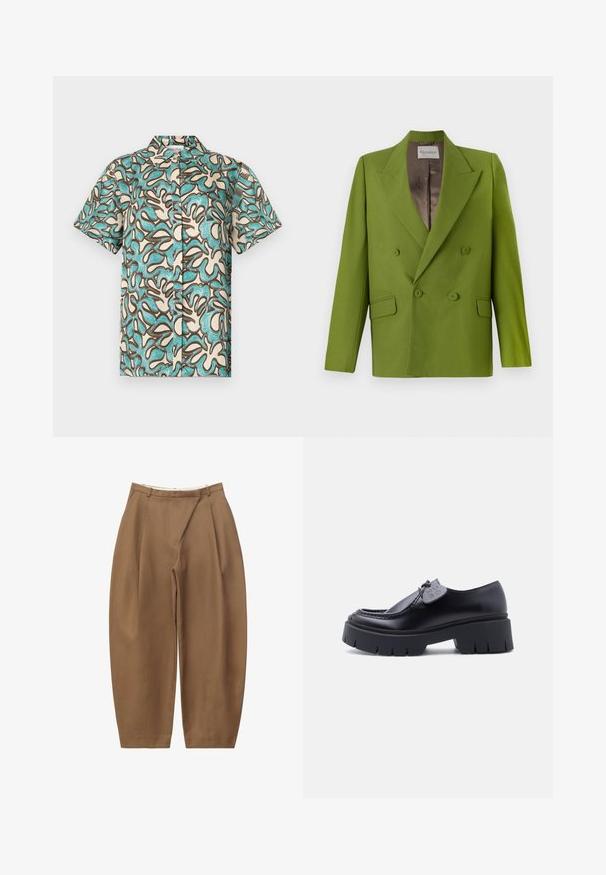 CLOSED FITTED DOUBLE BREASTED - Blazer - pistachio green; Kurzarmhemd in Creme mit blau-braunem abstraktem Muster, mit Knopfleiste und klassischem Kragen. Weicher Stoff. ; Lockere braune Hose mit Falten, Gürtelschlaufen und hohem Bund, vor weißem Hintergrund dargestellt.; Schwarzer, klobiger Plateau-Slipper mit dicker, profiliertem Sohlenabsatz und dekorativem Anhänger an der Schnürung, im Seitenprofil vor weißem Hintergrund gezeigt.