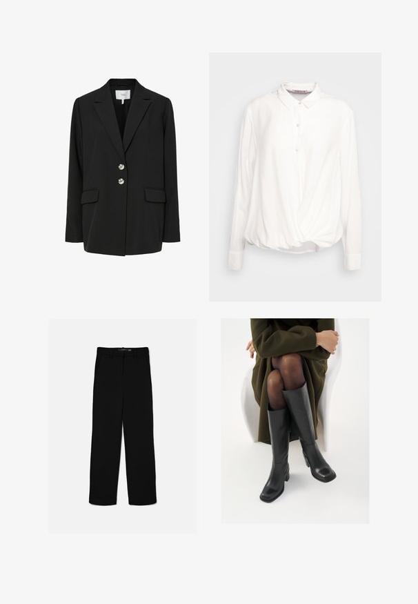 Schwarzer Blazer mit tailliertem Schnitt, gekerbtem Revers, zwei Vorderstaschen und zwei silbernen Knöpfen. Hergestellt aus glattem Stoff mit minimalistischem Design.; Anna Field Tall Bluse - white; Schwarze gerade geschnittene Hose mit Gürtelschlaufen, Frontreißverschluss und Seitentaschen, flach auf hellem Hintergrund ausgelegt.; Knöchelhöhe schwarze Lederstiefel mit quadrater Spitze und Blockabsatz, gezeigt mit einem Modell, das einen olivgrünen Mantel trägt. Glatte Textur, minimale Details.