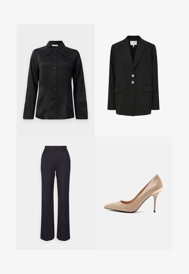 Sort blazer med skræddersyet pasform, hakkede revers, to forlommer og to sølvknapper. Fremstillet af glat stof med et minimalistisk design.; Sort satinbluse med spidse kraver, lange ærmer, lukning med knapper foran og tætsiddende design. Glat tekstur med syninger.; Sorte skræddersyede bukser med høj talje, der har et lige ben-design, folder og en glat tekstur. Ingen synlige metaldele eller udsmykninger.; Blank beige højhælet pumpe med spids tå og slank hæl, med en lille guldfarvet detalje nær hælen på en ensartet lys grå baggrund.