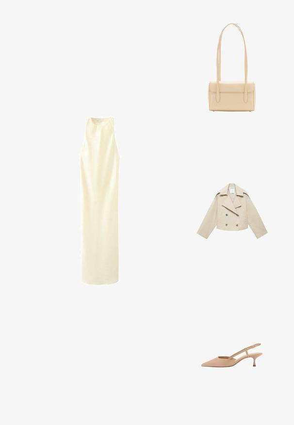 Beige abgeschnittene Double-Breasted-Jacke aus Baumwolle. Verfügt über große Knöpfe, zwei Fronttaschen und einen breiten Revers mit offenem Kragen.; Ärmelloses, langes, cremefarbenes Kleid mit hohem Kragen, geradem Schnitt und glatter Stoffstruktur.; Spitze nude Slingback-Absätze mit niedrigem Kitty-Freilauf, aus glänzendem Material, mit einem schlanken Riemen und verstellbarer Schnalle.; Beige rechteckige Schultertasche mit langen doppelten Trägern und Klappverschluss, vor weißem Hintergrund dargestellt.
