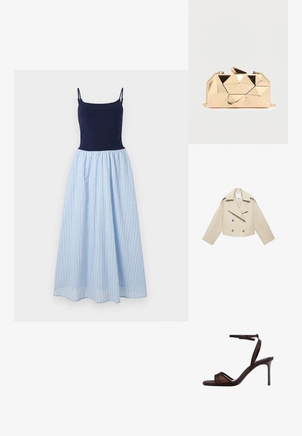 Beige abgeschnittene Double-Breasted-Jacke aus Baumwolle. Verfügt über große Knöpfe, zwei Fronttaschen und einen breiten Revers mit offenem Kragen.; Ärmelloses Kleid mit einem enganliegenden marineblauen Oberteil und einem fließenden hellblauen gestreiften Rock. Der Rock hat vertikale Streifen und einen gerafften Taillenbund.; Dunkelbraune Hochsandale mit offenem Zehenbereich, einem breiten Riemen vorne, dünnem Knöchelriemen mit Schnalle und Stilettoabsatz.; Goldfarbene, geometrisch geformte Clutch mit glänzendem Metallic-Finish, mit einem schwarzen Akzent oben und einem abnehmbaren Kettenträger.