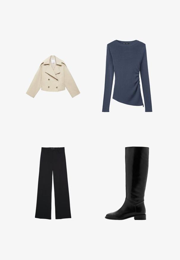 Beige cropped dobbeltbrystet jakke lavet af bomuld. Har store knapper, to frontlommer og en bred revers med åben krave.; Mørkeblå langærmet dame top med rund halsudskæring og subtil sidesyning på den ene side for et tætsiddende look.; Sorte bukser med vide ben med knap- og lynlåslukning, bæltestropper og en glat, skræddersyet finish.; Sorte læderknæhøje støvler med en glat overflade, rund tå, let hæl og minimalistisk design. Har en tætsiddende skaft og stitched detaljer.