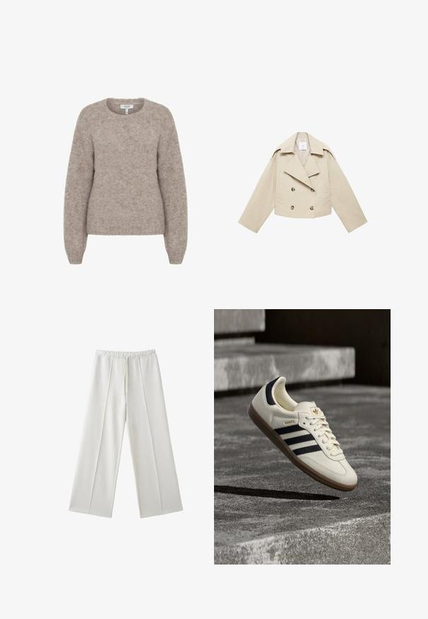 Beige cropped dobbeltbrystet jakke lavet af bomuld. Har store knapper, to frontlommer og en bred revers med åben krave.; b.young BYMILLER - Striktrøje - humus melange; Hvide bukser med brede ben, elastisk talje og snøre, med sømdetaljer ned foran på hvert ben.; Hvid Adidas Samba sneaker med sorte striber og gummsål, svævende over teksturerede grå betonstrin.