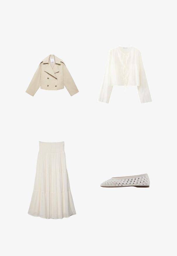 Beige cropped dobbeltbrystet jakke lavet af bomuld. Har store knapper, to frontlommer og en bred revers med åben krave.; Hvid bluse med lange ærmer, kort pasform og tre sløjfe-lukninger foran, med diskrete teksturerede stofdetaljer.; Lang cremefarvet lagdelt nederdel med elastisk talje og subtile strukturerede lodrette striber.; Balletflad i cremefarvet stof med sølvfarvede palietter arrangeret i et prik mønster, rund tå og lav brun sål. Tekstureret overdel for ekstra detalje.