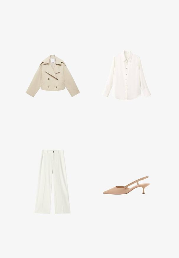 Beige abgeschnittene Double-Breasted-Jacke aus Baumwolle. Verfügt über große Knöpfe, zwei Fronttaschen und einen breiten Revers mit offenem Kragen.; Weißes, langärmeliges Hemd mit Knopfleiste, klassischem Kragen und vorne zuzuknöpfendem Verschluss; besteht aus einem glatten, leichten Stoff und hat einen abgerundeten Saum.; Weiße, hoch taillierte Hose mit weitem Bein, Vorderfalten, Gürtelschlaufen und einem schwarzen Knopfverschluss am Bund.; Spitze nude Slingback-Absätze mit niedrigem Kitty-Freilauf, aus glänzendem Material, mit einem schlanken Riemen und verstellbarer Schnalle.