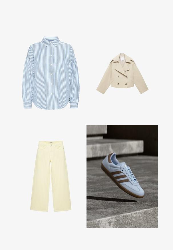 Beige cropped dobbeltbrystet jakke lavet af bomuld. Har store knapper, to frontlommer og en bred revers med åben krave.; Lyseblå og hvid stribet skjorte med knapper, krave, løs pasform, bløde ærmer og opfoldede håndled. Fremstillet af et let materiale.; Bukser med vide ben i cremefarve med forlommer, bæltestropper og knaplukning ved taljen.; Lyseblå sneakers med brune ruskindsdetaljer, tre laterale striber, flade snørebånd og en tekstureret gummisål. Mærkelogo på tungen.