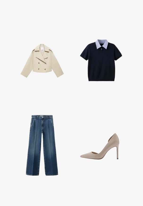 Beige cropped dobbeltbrystet jakke lavet af bomuld. Har store knapper, to frontlommer og en bred revers med åben krave.; Kortærmet marineblå strikket top med en blå og hvid stribet krave og en enkelt knap ved halsudskæringen.; Bredbenede blå denimjeans med høj talje, der har forlommer, knaplukning og et let falmet mønster på stoffet.; Beige patenteret læder højhælet pumpe med spidse tæer, lavudskårne sider og en slank hæl. Glat struktur med en blank finish.