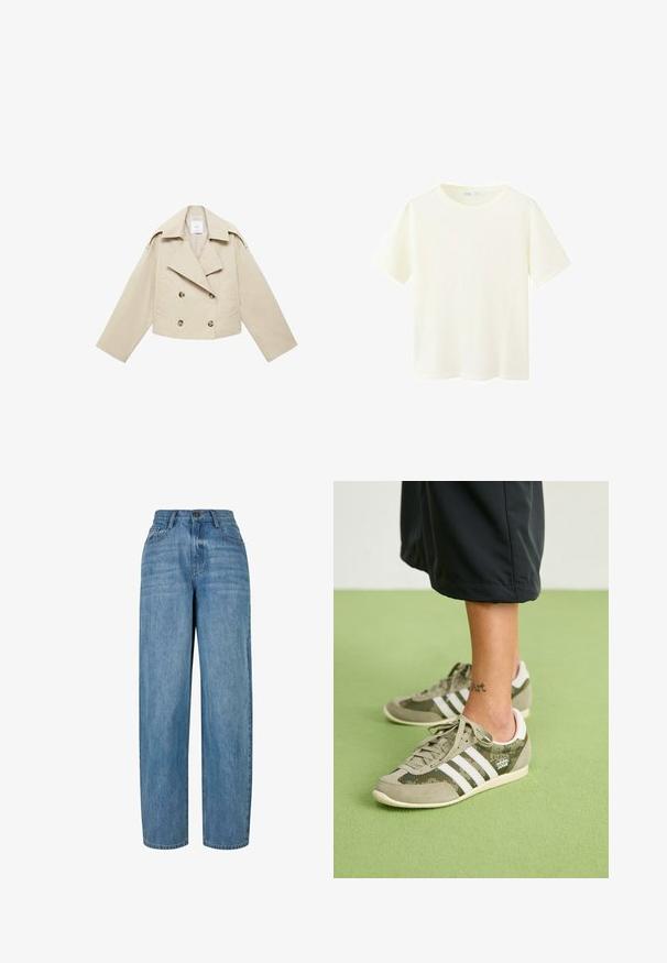 Beige cropped dobbeltbrystet jakke lavet af bomuld. Har store knapper, to frontlommer og en bred revers med åben krave.; Enkelt hvid bomuld t-shirt med korte ærmer, rund halsudskæring og et lille mærke fra mærket indeni bag på kraven.; Lyseblå denimjeans med lige ben-design, der har en knaplukning, fem lommer og subtilt slid i stoffet.; Grønne og grå sneakers med tre hvide striber, materialer af ruskind og mesh, lavt design og et logo-tag. Standard gummisål.