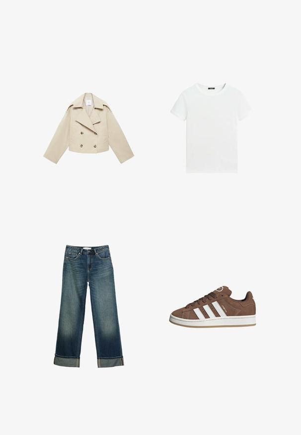 Beige cropped dobbeltbrystet jakke lavet af bomuld. Har store knapper, to frontlommer og en bred revers med åben krave.; Almindelig hvid T-shirt med korte ærmer, rund halsudskæring og lille sort label inden i kraven.; Mørkeblå denimjeans med vide ben, opsmøgede manchetter, frontknap og design med fem lommer.; Brune ruskinds sneakers med hvide læderstriber, gummisål, rund tå og snørebåndsfront. Har et logo på tungen og perforerede detaljer.
