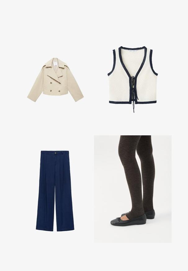 Beige cropped dobbeltbrystet jakke lavet af bomuld. Har store knapper, to frontlommer og en bred revers med åben krave.; Ærmeløs hvid strikket vest med sort kant og bindelukning foran, med V-hals og tekstureret stof.; Marineblå vide benbukser med knaplukning, to for-pleats og en glat tekstur. Stoffet virker let og åndbart.; Ben iført mørke ribbede leggings kombineret med sorte balletsko med små sløjfedetaljer på hvid baggrund.