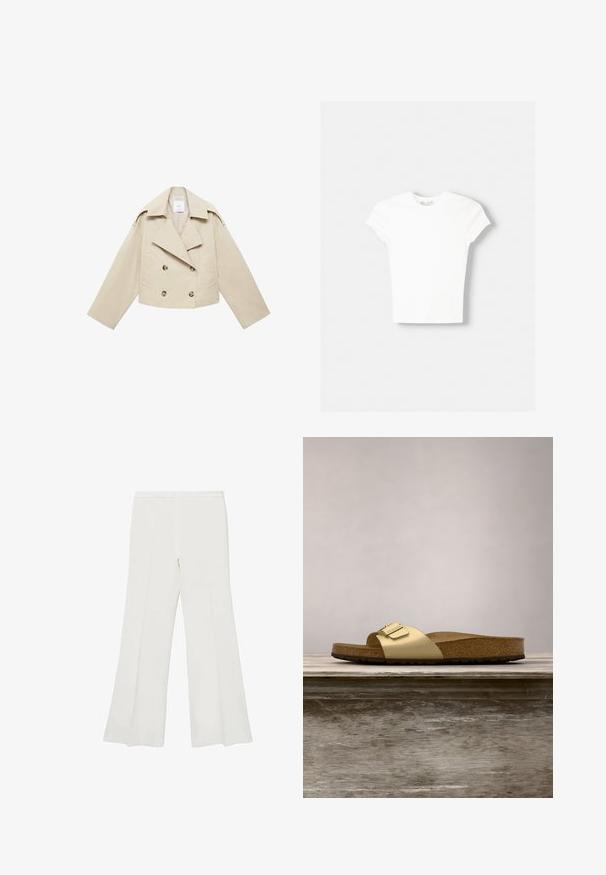 Beige skrátená dvojradová bunda vyrobená z bavlny. Obsahuje veľké gombíky, dve predné vrecká a široký klop, ktorý má otvorený golier.; Biela krátka rukávová tričko vyrobené z mäkkého bavlneného materiálu, s okrúhlym výstrihom a priliehavým strihom. Bez viditeľných vzorov alebo ozdôb.; Biele rozšírené nohavice s hladkým povrchom a čistými líniami, s pásom strednej výšky a bez viditeľného kovania alebo vzorov.; Zlaté syntetické šľapky s jedným popruhom a akcentom pracky, s hnedou korkovou stielkou a texturovanou gumovou podrážkou.