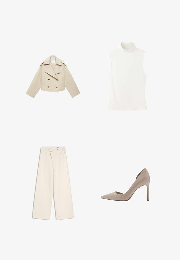 Beige abgeschnittene Double-Breasted-Jacke aus Baumwolle. Verfügt über große Knöpfe, zwei Fronttaschen und einen breiten Revers mit offenem Kragen.; Ärmelloses weißes Rollkragentop mit figurbetontem Schnitt und hohem Ausschnitt, dargestellt vor weißem Hintergrund.; Off-White weite Hosen mit Vordertaschen, Gürtelschlaufen und silbernen Knöpfen an Bund und Taschenrändern.; Beige Lackleder-Pumps mit hohen Absätzen, spitzer Zehenpartie, flachen Ausschnitten an den Seiten und einem schlanken Absatz. Glatte Textur mit glänzender Oberfläche.