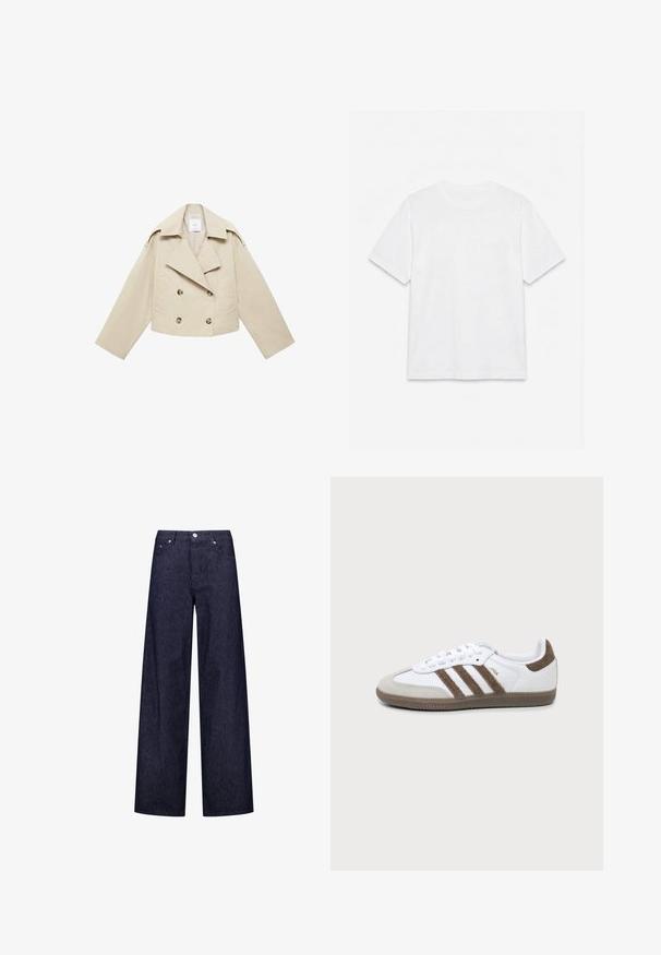 Beige cropped dubbele-breasted jas van katoen. Bevat grote knopen, twee voorkruiszakken en een brede revers met een open kraag.; Effend wit T-shirt met korte mouwen en ronde hals, plat gelegd op een witte achtergrond.; Brede denim broek met een donkerblauw en wit verticaal gestreept patroon, voorzien van twee voorzakken en een klassieke knoopsluiting.; Witte en bruine Adidas Samba sneaker met drie bruine strepen, veters en een textuurs van boven- tot zool, getoond vanaf de zijkant op een effen achtergrond.