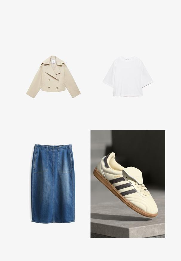 Beige cropped dubbele-breasted jas van katoen. Bevat grote knopen, twee voorkruiszakken en een brede revers met een open kraag.; Wit, kort mouw, boxy t-shirt gemaakt van zacht katoen. Heeft een ronde hals en brede mouwen, met een strak, eenvoudig ontwerp.; Jeansrok met een rechte pasvorm, in een medium blauwe wassing, voorzien van twee grote voorzakken en zichtbaar stiksel langs de naden.; Crème leren sneaker met drie donkere strepen, een bruine gumrubberen zool en een ronde neus. Voorzien van een opvouwbare tong met het label "SAMBA."