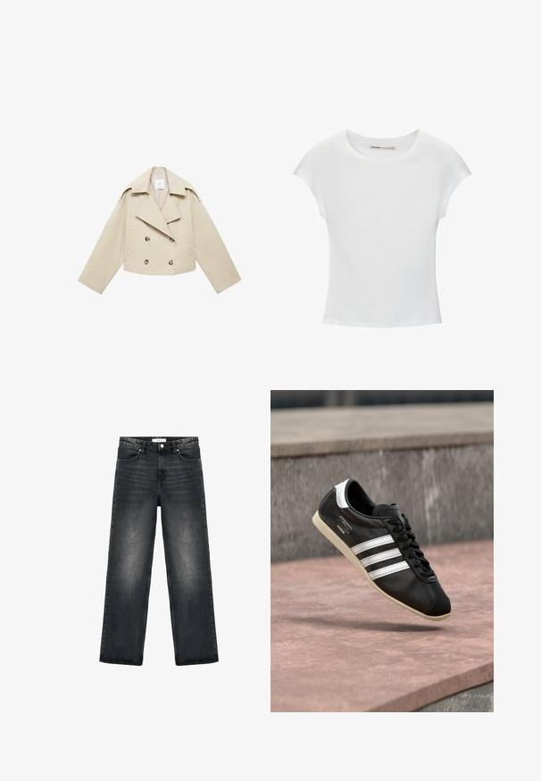 Beige abgeschnittene Double-Breasted-Jacke aus Baumwolle. Verfügt über große Knöpfe, zwei Fronttaschen und einen breiten Revers mit offenem Kragen.; Weißes Baumwoll-T-Shirt mit kurzen, aufgerollten Ärmeln, rundem Ausschnitt und geradem Saum. Glatte Textur ohne sichtbare Muster oder Akzente.; Schwarze Jeans aus Denim mit lockerer Passform, geraden Beinen und leichter Ausbleichung. Verfügt über einen Knopfverschluss und ein fünf Taschen-Design für Funktionalität.; Schwarzer Ledersneaker mit weißen Streifen und Sohle, geschnürt, schwebt über einer rosa gefärbten Betontfläche vor einer grauen Steinmauer im Hintergrund.