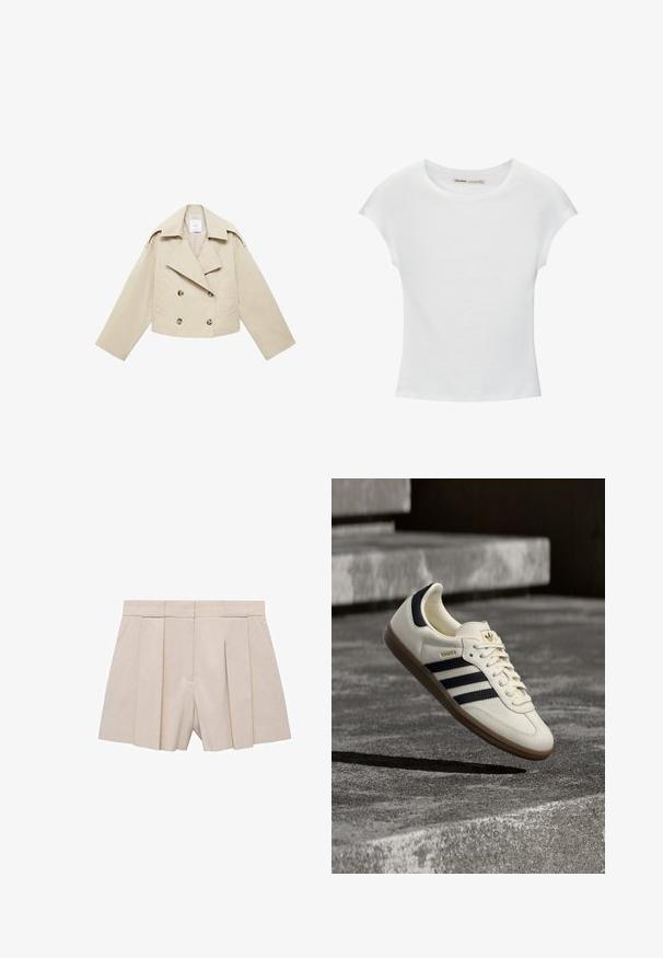 Beige cropped dobbeltbrystet jakke lavet af bomuld. Har store knapper, to frontlommer og en bred revers med åben krave.; Hvid bomuld t-shirt med korte, opsmøgede ærmer, rund halsudskæring og lige kant. Glat tekstur uden synlige mønstre eller detaljer.; Beige plisserede shorts med et skræddersyet design, der har høj talje og en glat tekstur. Fire frontplisseringer skaber volumen. Ingen lommer.; Hvid Adidas Samba sneaker med sorte striber og gummsål, svævende over teksturerede grå betonstrin.