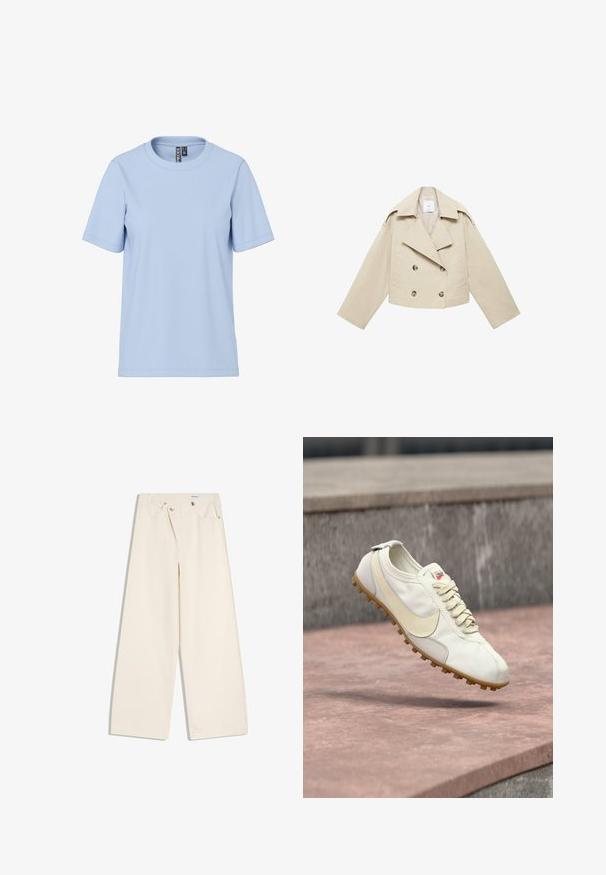Beige skrátená dvojradová bunda vyrobená z bavlny. Obsahuje veľké gombíky, dve predné vrecká a široký klop, ktorý má otvorený golier.; Svetlomodré tričko s krátkym rukávom z mäkkej látky, s klasickým okrúhlym výstrihom bez viditeľných vzorov alebo kovových doplnkov.; Krémové široké nohavice s prednými vreckami, pútkami na opasok a striebornými gombíkmi na páse a okrajoch vreciek.; Biela a béžová športová obuv so šnúrkami a gumovou podrážkou vznášajúca sa nad kamenným povrchom s rozmazaným betónovým pozadím.